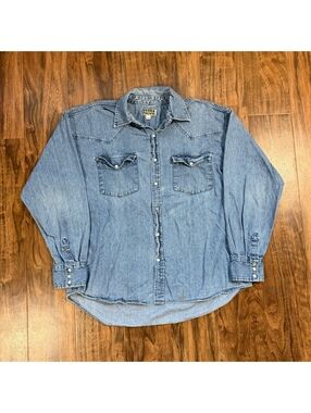 Vintage 90s Denim Western Pearl Snap Shirt Light Wash Mens L Sierra Pacific